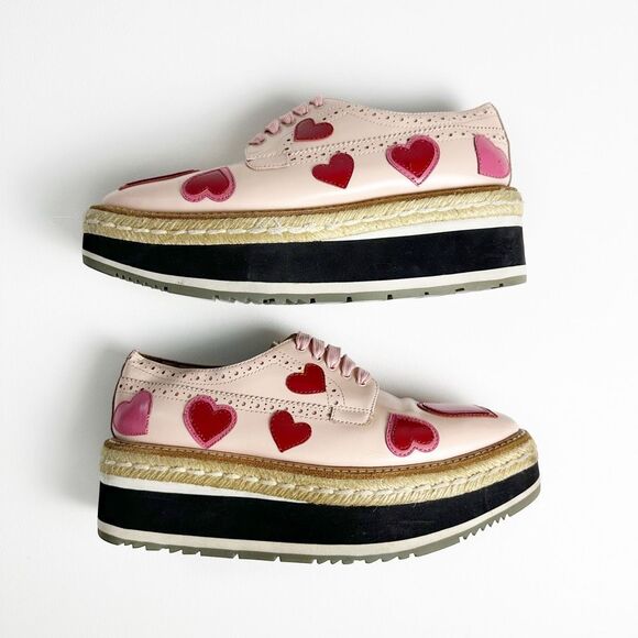 PRADA Pink Red Heart Leather Platform Loafers 39 US 8.5 Flats Lace Up Oxfords - Picture 8 of 13